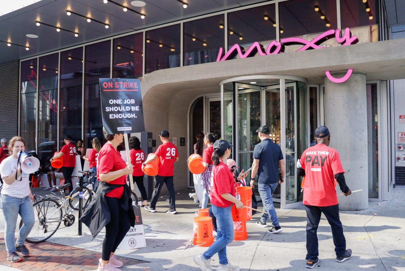 Hotel workers picketing outside of Moxy Boston Downtown hotel on Tremont Street on Sept. 13. Local 26 hotel workers union members ratified their contracts at 13 hotels across Boston, after two months of striking. LAUREN ALBANO/DFP PHOTOGRAPHER