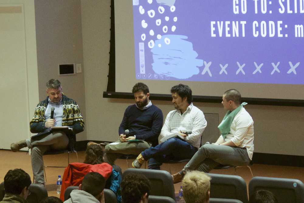 Max Greenberg, Takeo Rivera and LB Moore during the “#MeToo &amp; Masculinity" event on Tuesday evening. It was hosted as a part of Sexual Assault Awareness Week. PHOTO BY MAGGIE LEONE/DAILY FREE PRESS STAFF 

