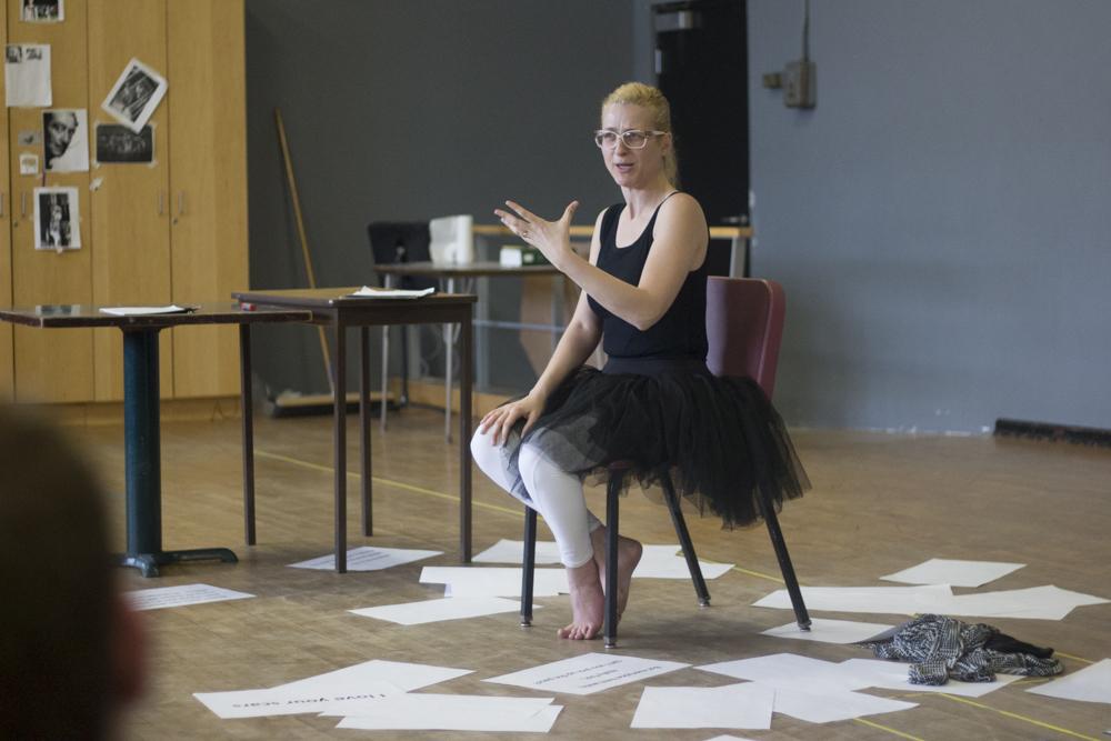Nataly Zuckerman during her presentation Thursday afternoon. Zuckerman is doing a number of presentations around Boston on her identity as a disabled woman and her work as a performance artist. PHOTO BY MALAIKA MOYER/DAILY FREE PRESS STAFF 
