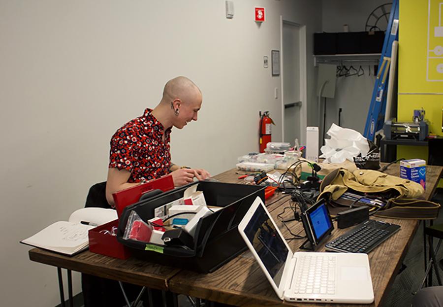 A man works during the Boston Stupid Hackathon on Saturday. The goal of the hackathon was to “bring bad ideas to life.” PHOTO BY MAGGIE LEONE/DAILY FREE PRESS STAFF

