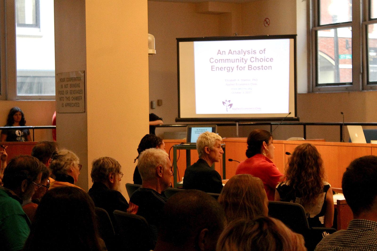 The City Council Committee on Environment and Sustainability hears an order Tuesday afternoon in the Winter Chamber on authorizing the City of Boston to adopt Community Choice Energy. PHOTO BY YVETTE LOPEZ/ DAILY FREE PRESS STAFF