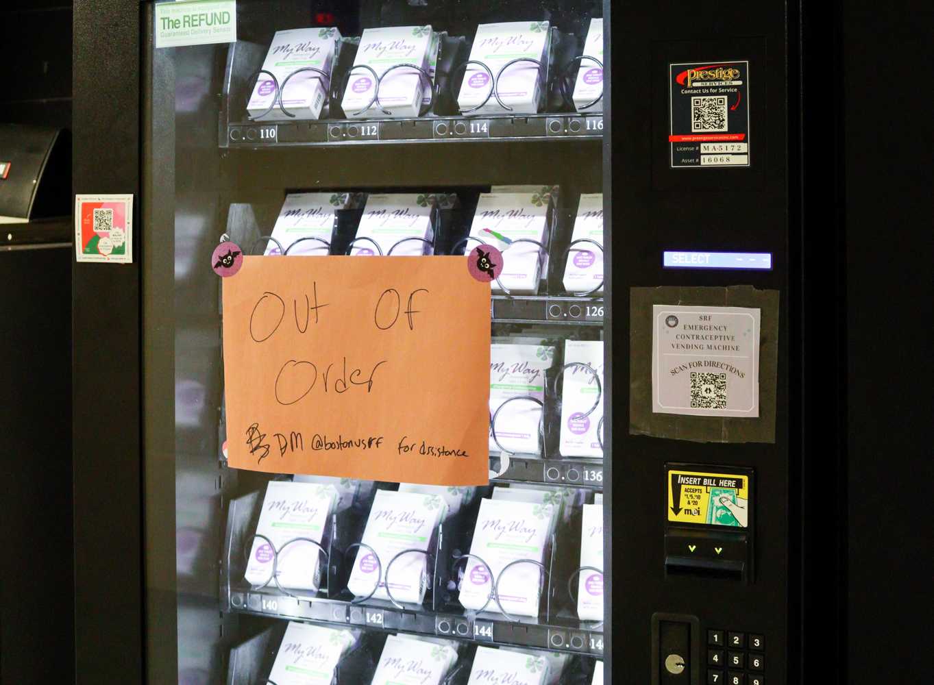The out-of-order emergency contraceptive vending machine in the basement of the George Sherman Union. One of the vending machines was vandalized and broken on Oct. 31. BRENDAN NORDSTROM/DFP STAFF
