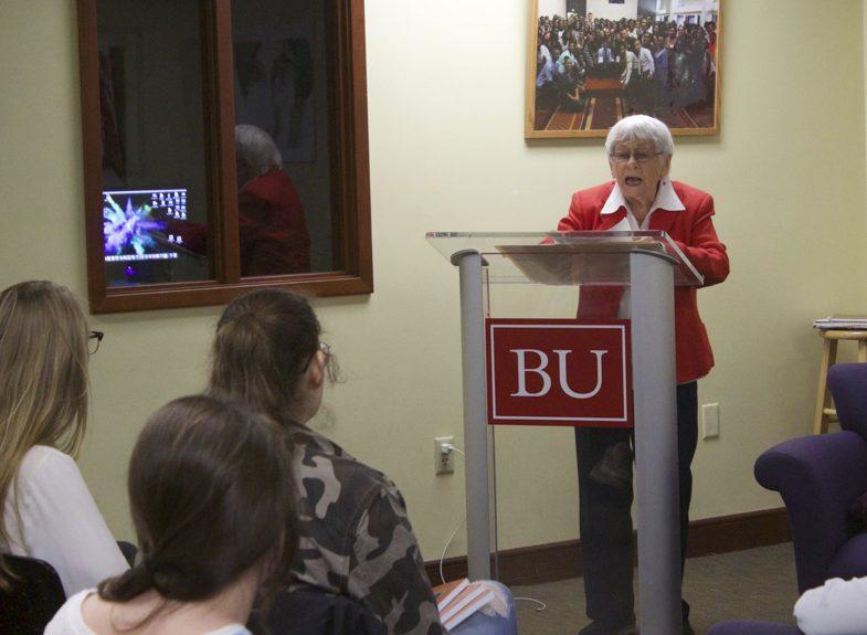 Esther Adler, a Holocaust survivor, speaks at the Howard Thurman Center on Thursday evening. Adler spoke as a part of "Memory In the Living Room," which was hosted by BU Hillel. PHOTO BY MAGGIE LEONE/DAILY FREE PRESS STAFF  