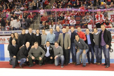 Members of the 1994-95 BU men's hockey team were honored Friday  night for their NCAA title victory 20 years ago. PHOTO COURTESY OF BU ATHLETICS 
