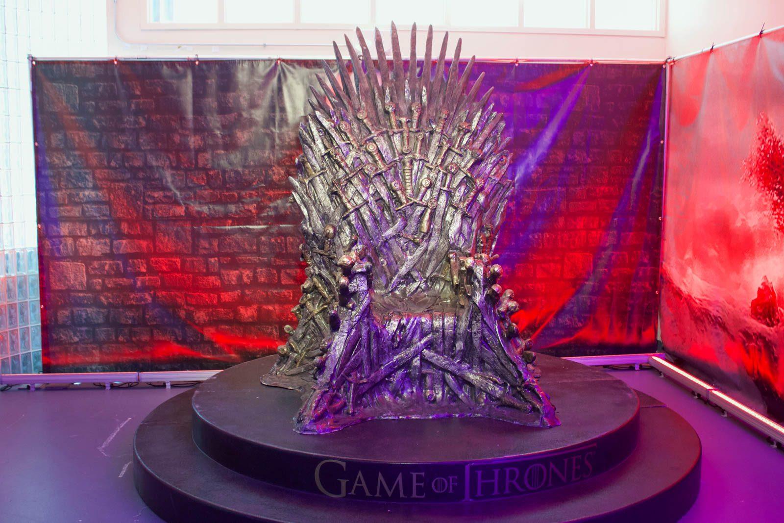 The Iron Throne at “Game of Thrones: The Virtual Final Season” on Saturday. The event was a staged reading hosted at BU on Saturday and Sunday. PHOTO BY MAGGIE LEONE/DAILY FREE PRESS STAFF 

