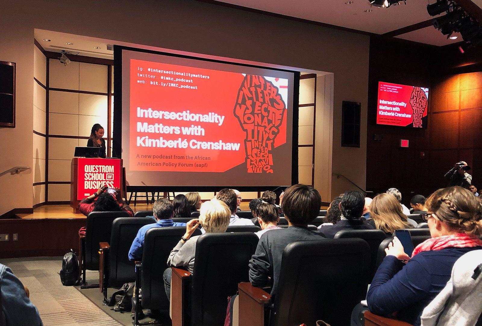 Law professor at Columbia University and University of California, Los Angeles Kimberlé Crenshaw speaking at a lecture on intersectionality hosted at the Questrom School of Business Monday. VICTORIA BOND/ DAILY FREE PRESS STAFF