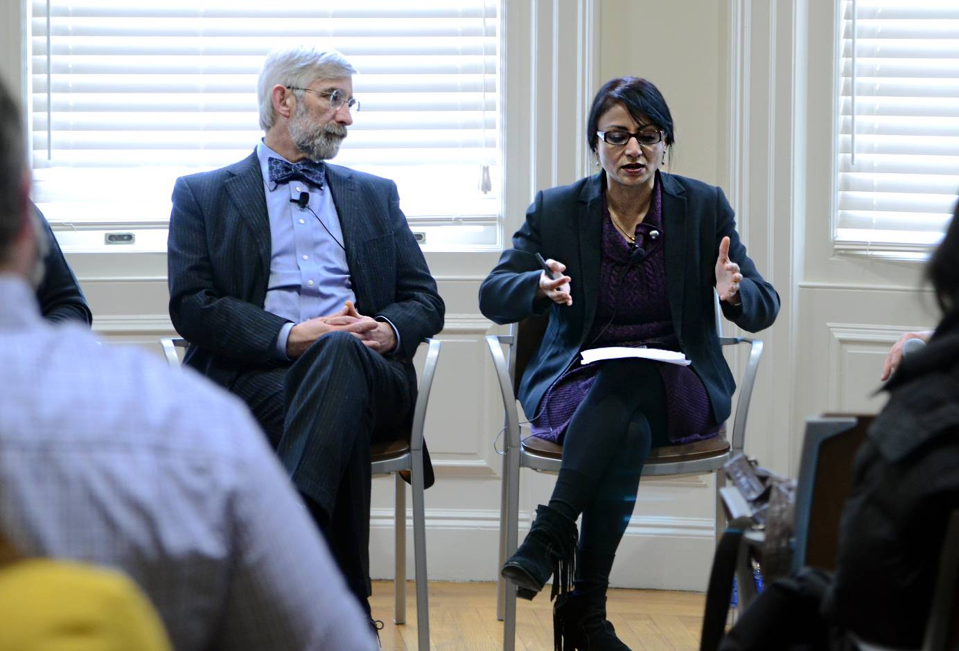 Madhu Dutta-Koehler, Boston University City Planning and Urban Affairs coordinator, and Dennis Carlberg, Boston University Sustainability director speak Tuesday at “Teaching the City,” part of the Initiative on Cities Urban Seminar Series. PHOTO BY DANIEL GUAN/DAILY FREE PRESS STAFF