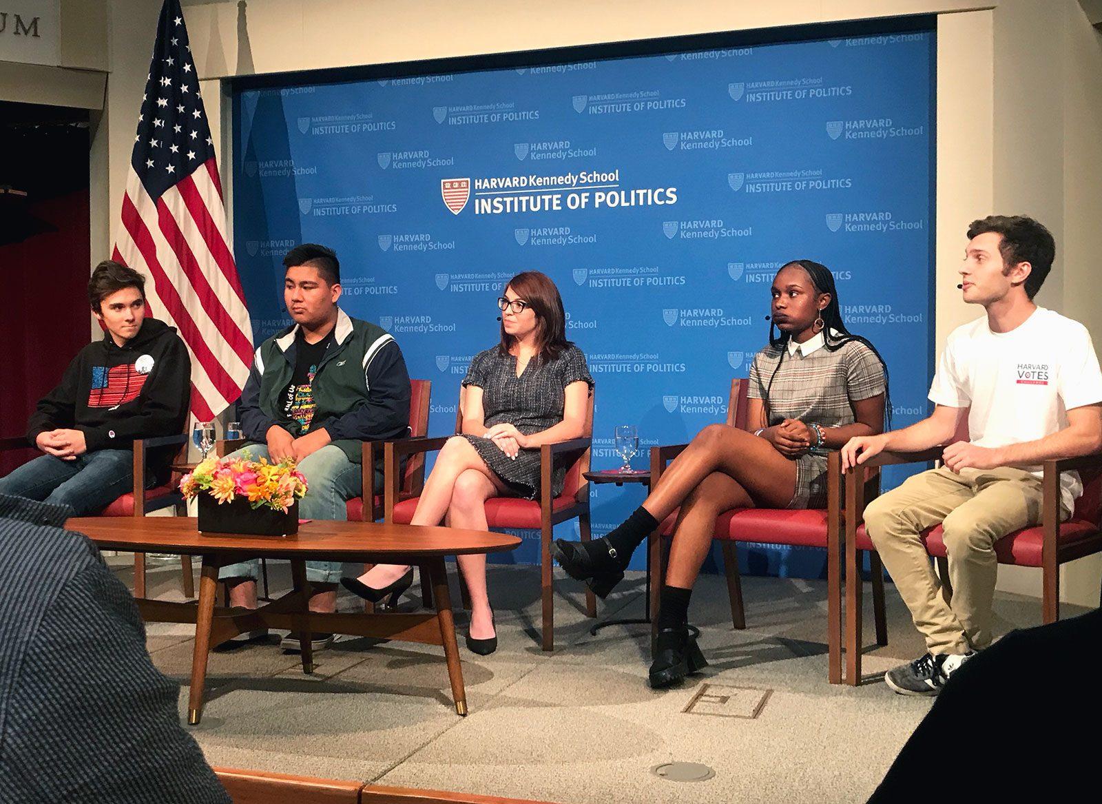 From left to right: David Hogg, Johnathan Rangel, Jessica Browning, Bria Smith and Teddy Landis partake in a panel Monday evening at the Harvard University Institute of Politics. PHOTO BY JALIANA GRIESBACH/ DAILY FREE PRESS STAFF