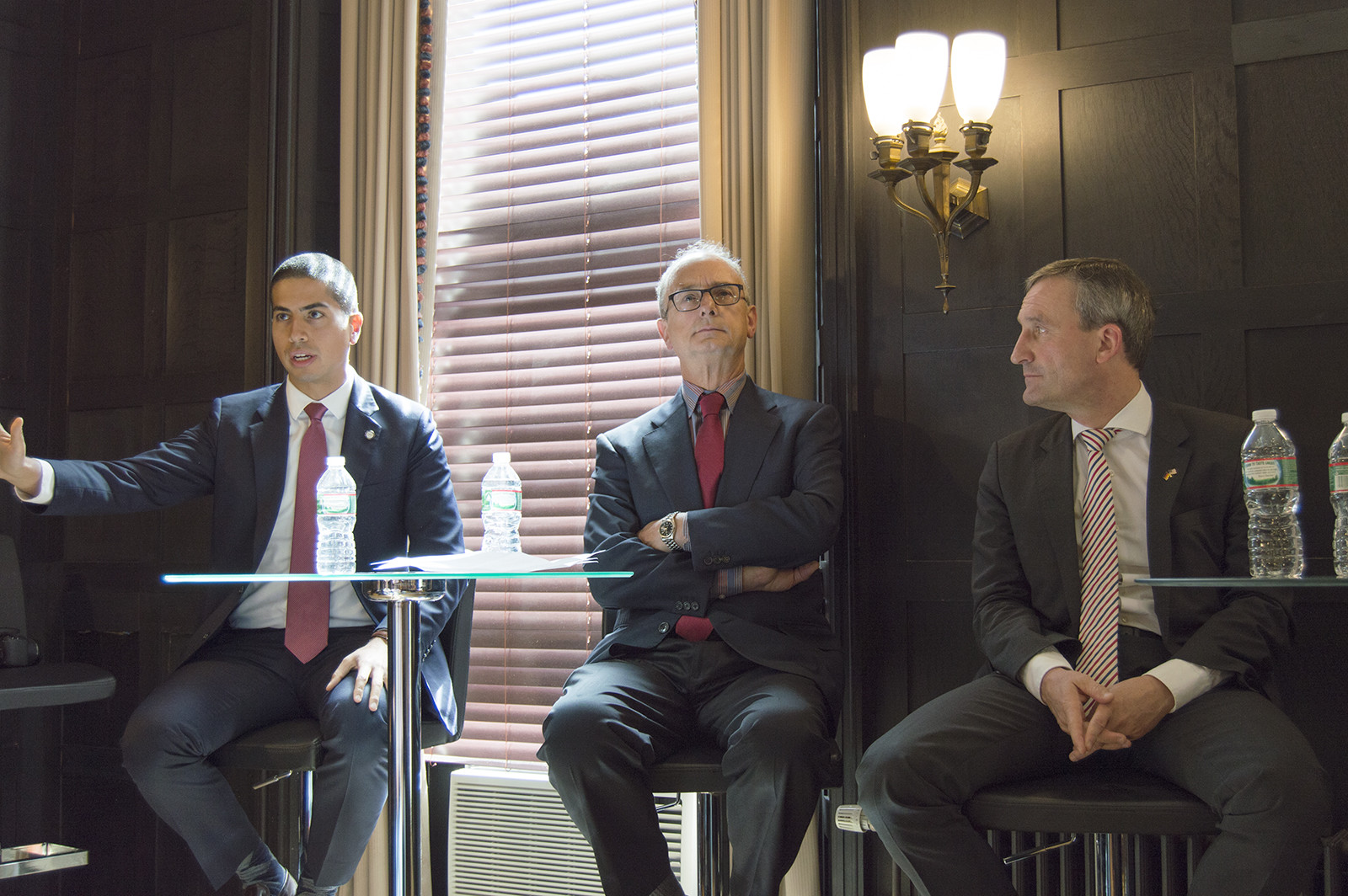 (From left) Chief of Staff for Mayor Walsh Daniel Koh, Director of the Boston University Initiative on Cities Graham Wilson, and Mayor Thomas Geisel of Dusseldorf, Germany, answer questions during the Initiative on Cities and the Center for the Study of Europe's discussion, "Leading Cities From the Left" at the Frederick S. Pardee School of Global Studies. PHOTO BY ERIN BILLINGS/DAILY FREE PRESS STAFF