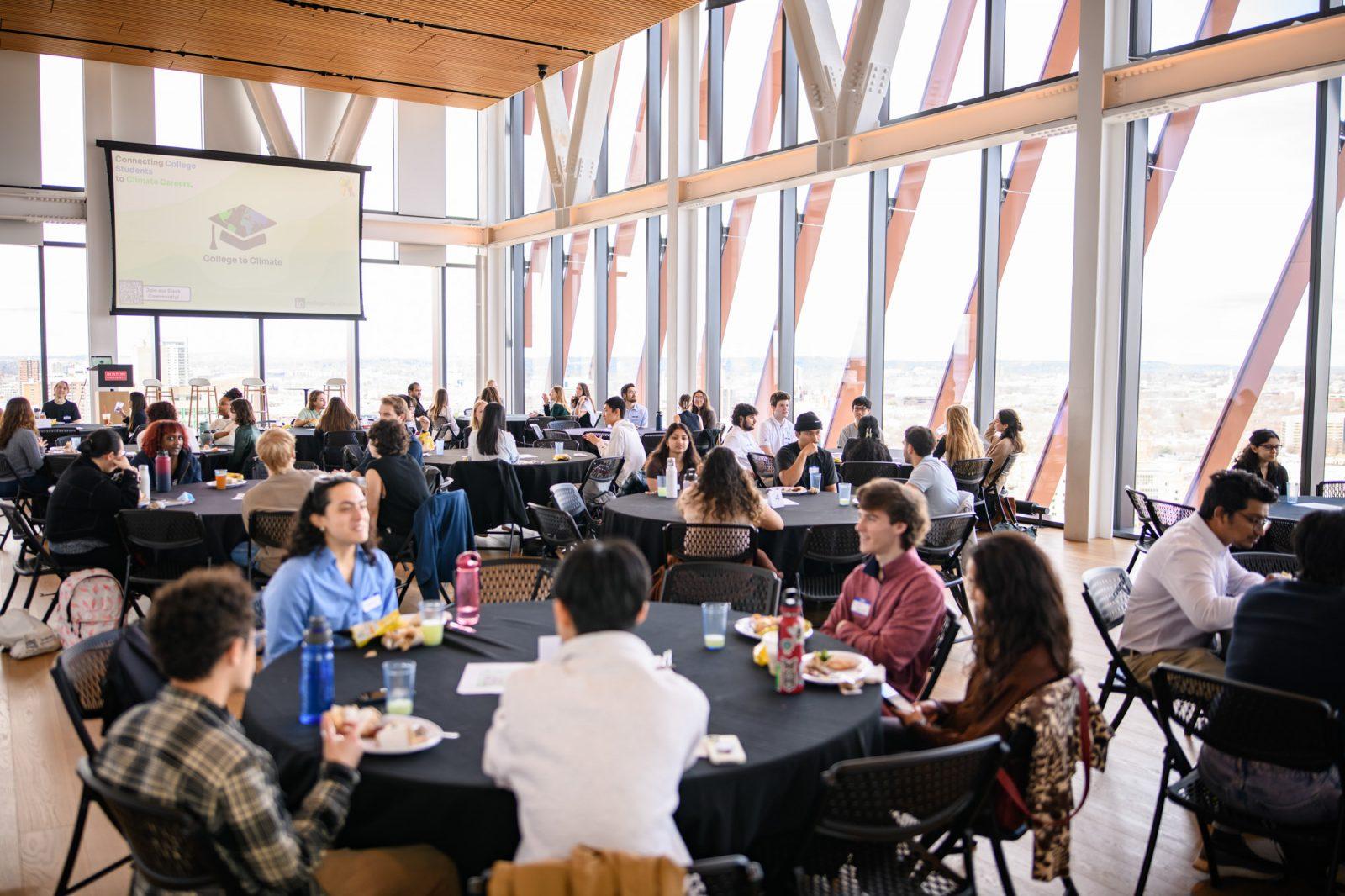 Students attend the “College to Climate Symposium” on Saturday. Boston University Sustainability partnered with the College Climate team to host this event, which included a panel discussion with former climate industry employees and a career fair. PHOTO COURTESY OF JUSTIN NARDELLA