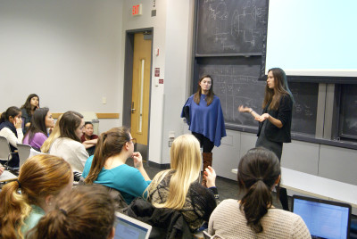 Yasmin Gentry and Mim Eiben lead an informational meeting for Gap Week, a week in March, 2016, that will be dedicated to empowering women and gender equality within the Boston University community. PHOTO BY JAKE FRIEDLAND/DAILY FREE PRESS STAFF