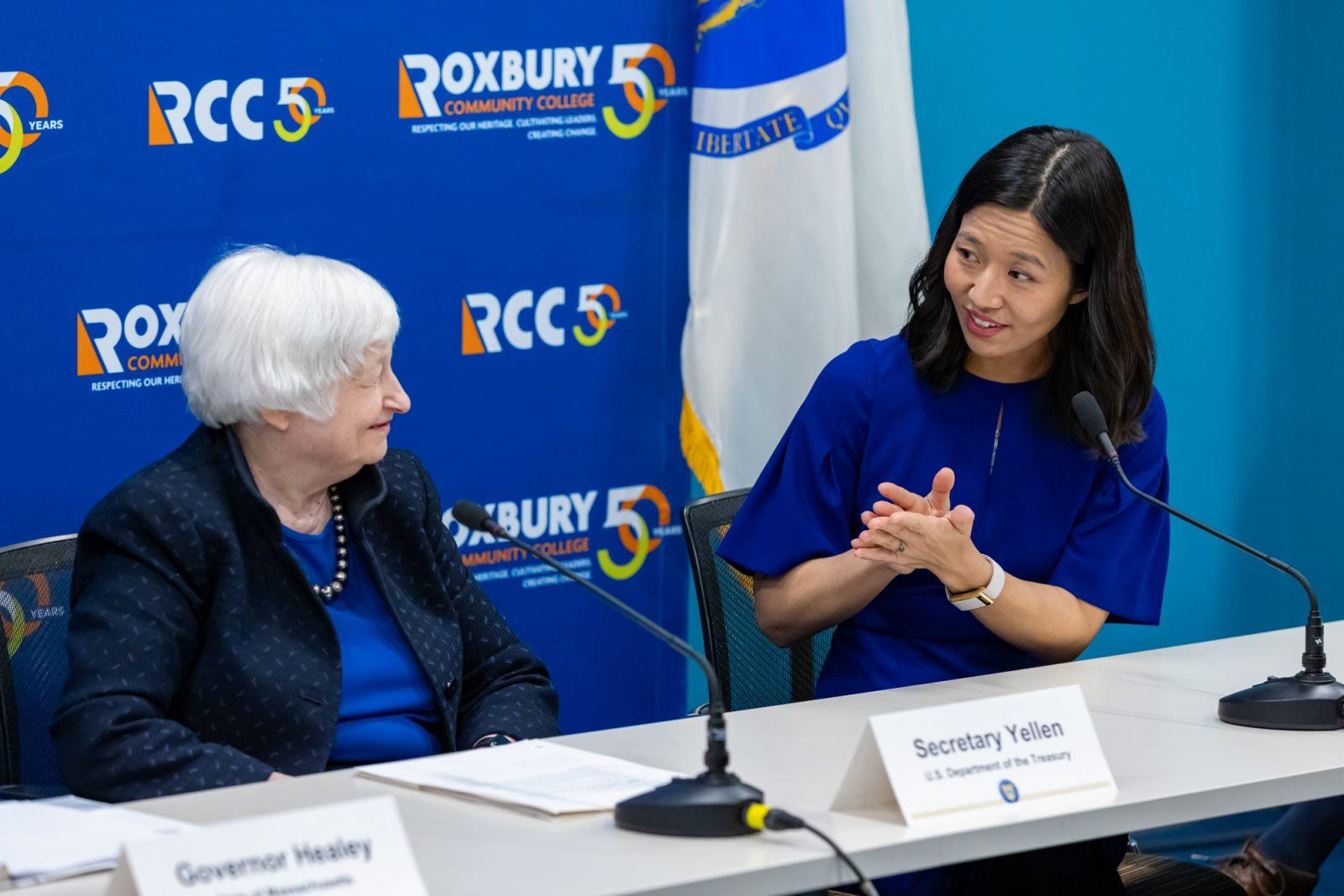 Boston Mayor Michelle Wu and then-Secretary of Treasury Janet Yellen talk at Roxbury Community College Jan. 10, 2024. Boston Mayor Michelle Wu, alongside over 40 cities, counties and mayors, filed an amicus brief opposing the Trump administration’s cuts to National Institutes of Health funding Feb. 20. COURTESY OF JOSHUA QUALLS VIA WIKIMEDIA COMMONS 