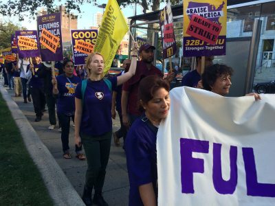 The janitors’ union marches through Boston on Sept. 22. They reached a tentative four-year contract Friday night. PHOTO COURTESY 32BJ SEIU 
