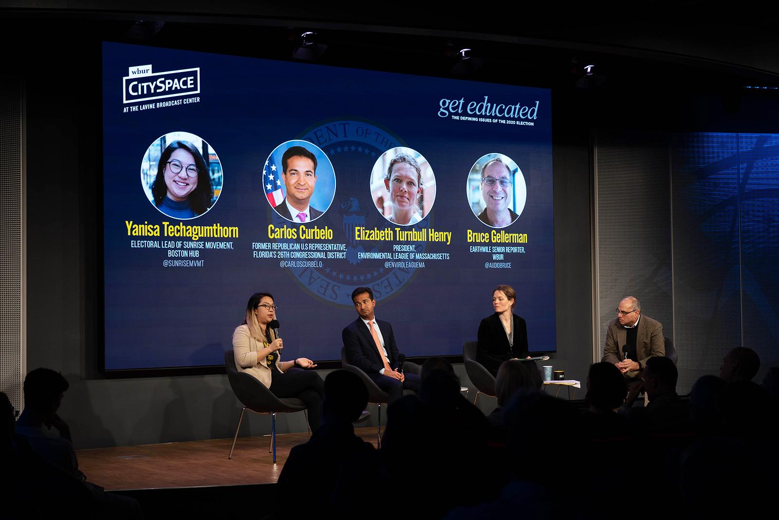 Yanisa Techagumthorn, Carlos Curbelo, Elizabeth Turnbull Henry and Bruce Gellerman speak at the “Get Educated: The Issues of the 2020 Election” panel on climate change at WBUR CitySpace Tuesday. JASMINE LI/ DAILY FREE PRESS STAFF