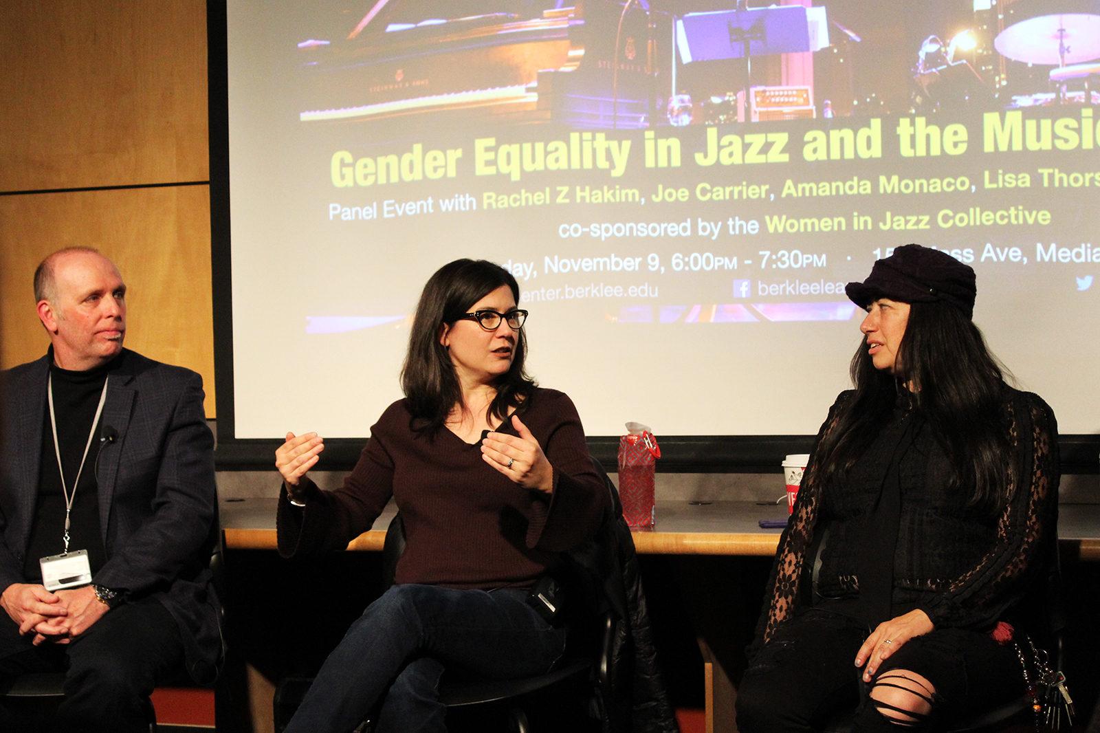 Panelists Joe Carrier, Amanda Monaco and Rachel Z. Hakim attend “Gender Equality in Jazz and the Music Industry” at the Berklee Media Center Nov. 9. PHOTO BY RACHEL SHARPLES/ DAILY FREE PRESS STAFF