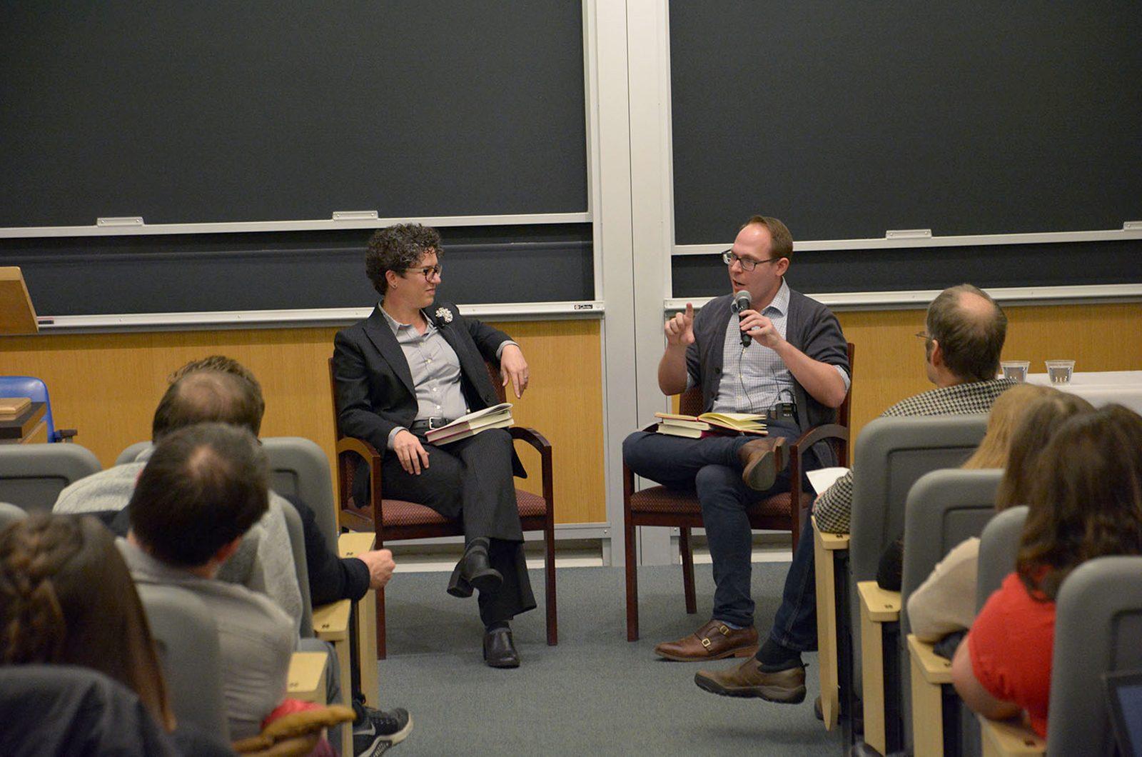 Heather White and Anthony Petro discuss the ties between religion and sex in the United States during a conversation Monday evening in the College of Arts and Sciences. PHOTO BY JESS RICHARDSON/ DAILY FREE PRESS STAFF