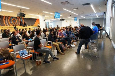 Speakers Jody Rose, Oscar-Wyett Moore, Melissa James, Sophia Teague and Joselin Mane share stories about their journey to their success in the tech industry during HubSpot’s "Breaking Barriers: First-Gens in Tech" event. PHOTO BY JUNE KIM/ DAILY FREE PRESS STAFF