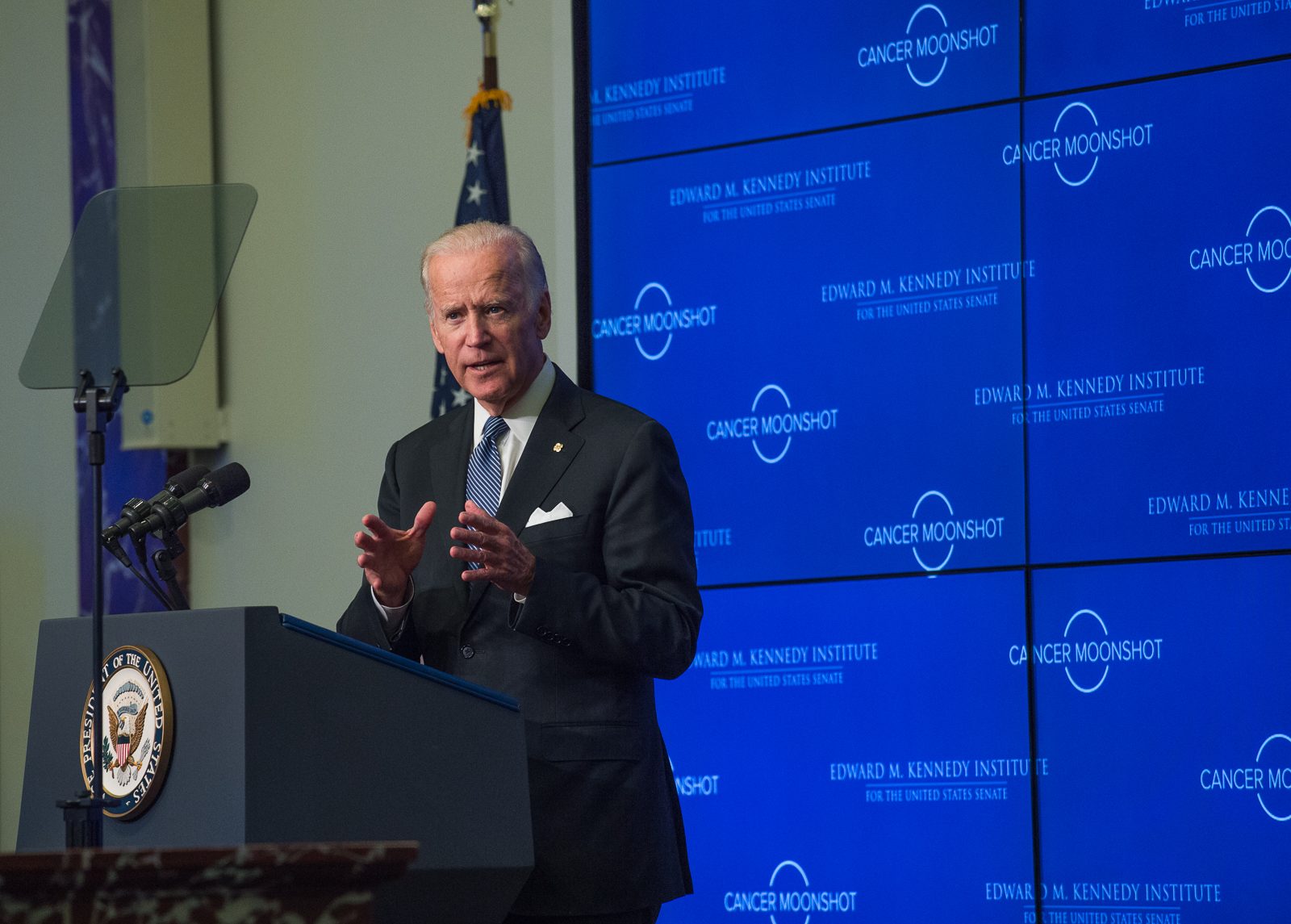 Vice President Joe Biden speaks about the Cancer Moonshot initiative at the Edward M. Kennedy Institute Wednesday afternoon. PHOTO BY MADDIE MALHOTRA/ DAILY FREE PRESS STAFF