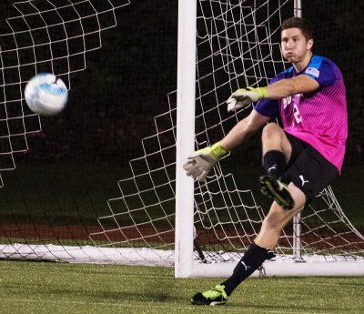 Senior goalkeeper Matt Gilbert leads the conference in saves with 71 on the year. PHOTO BY JUSTIN HAWK/ DAILY FREE PRESS STAFF 