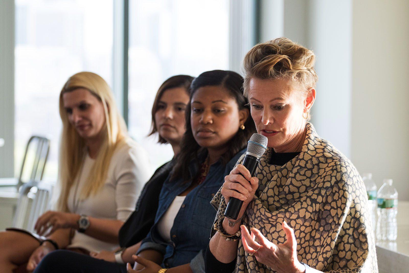Jules Pieri, co-founder and CEO of The Grommet, shares a 10-minute story at the Women in Innovation Story Slam: Aha Moments, held in the Microsoft New England Research and Development Center Tuesday evening. PHOTO BY JUSTIN HAWK/ DAILY FREE PRESS STAFF. 