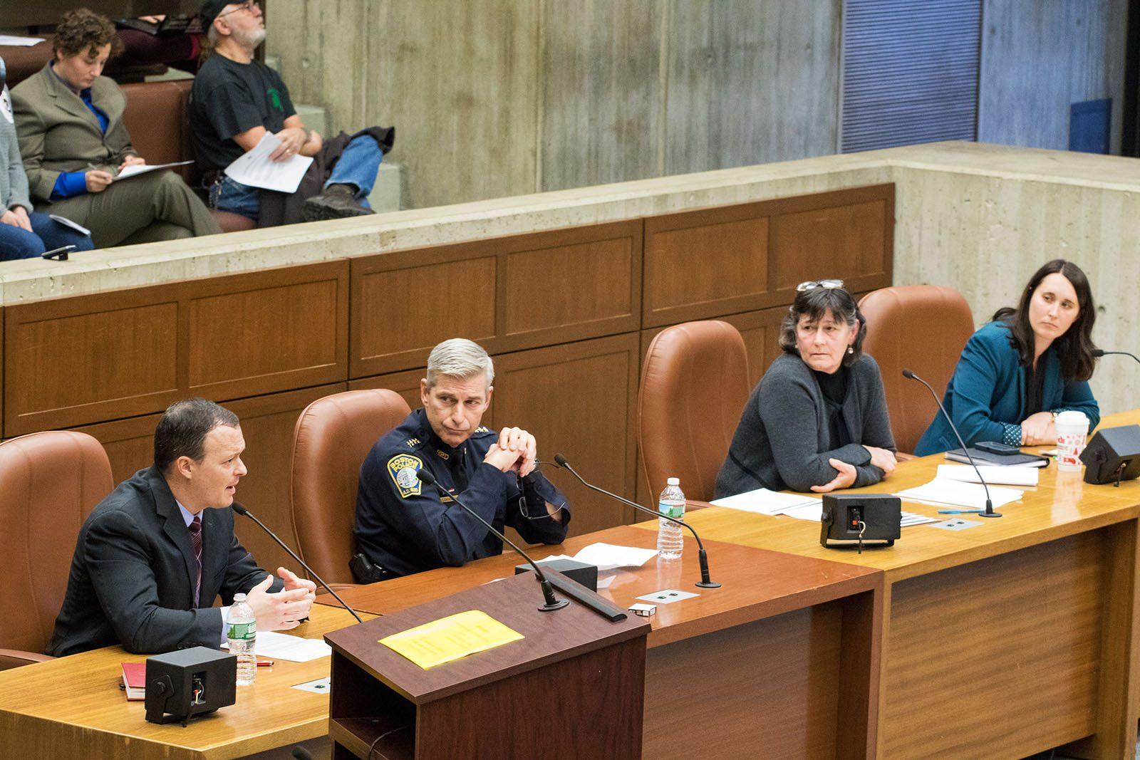 David Carabin, director of the Boston Regional Intelligence Center, speaks during a City Council hearing on social media monitoring by the Boston Police Department Monday afternoon. PHOTO BY JUSTIN HAWK/ DAILY FREE PRESS STAFF 