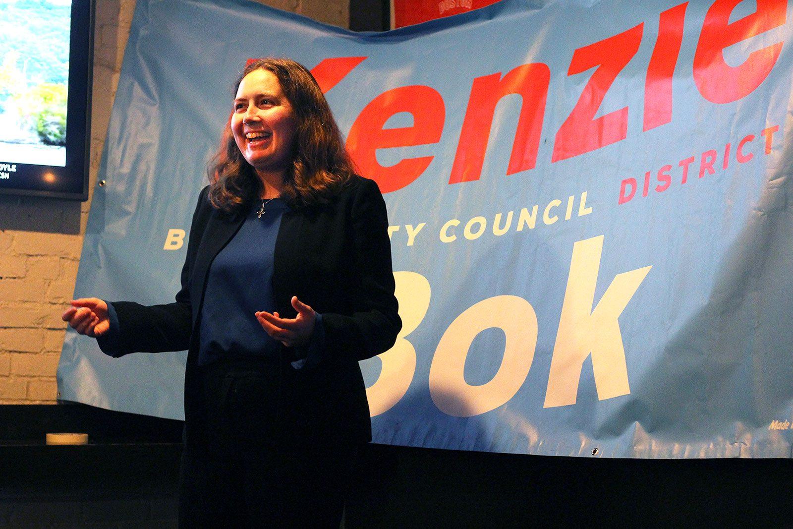 After winning her campaign for Boston City Council’s District 8, Kenzie Bok addresses supporters gathered at the bar LIR on Boylston. HANNAH YOSHINAGA/ DAILY FREE PRESS STAFF