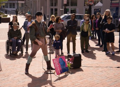 A man dressed in themed attire recites one of the 154 Shakespeare sonnets aloud in Harvard Square Saturday afternoon at the “Shakespeare Sonnet Slam,” which honored the 400th anniversary of Shakespeare’s death. PHOTO BY KANKANIT WIRIYASAJJA/DAILY FREE PRESS STAFF