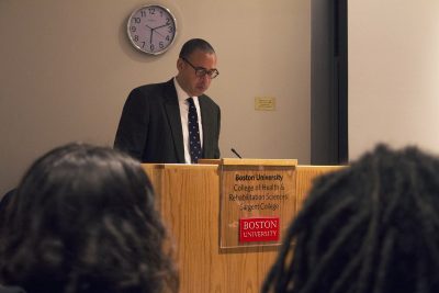 Jonathan Holloway, a Yale University professor, speaks about the racial implications of the election during a discussion Wednesday evening in the Sargent College of Health and Rehabilitation Sciences. PHOTO BY KANKANIT WIRIYASAJJA/ DAILY FREE PRESS STAFF