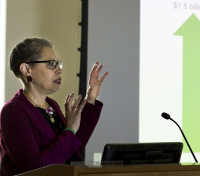 Susan Windham-Bannister, president and CEO of Massachusetts Life Sciences Center, gave a keynote address Tuesday as part of Boston University's launch of the Broadening Experiences in Scientific Training program. PHOTO BY KYRA LOUIE/DAILY FREE PRESS STAFF