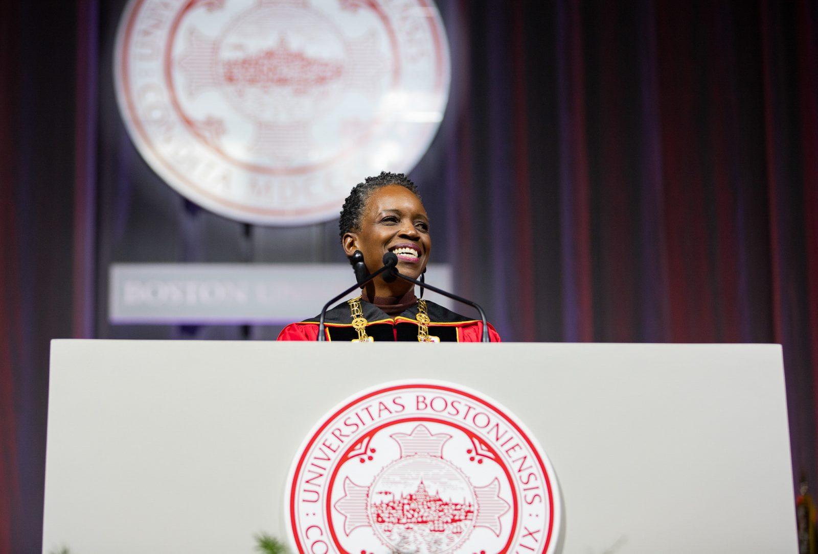 President Melissa Gilliam gives her inaugural address on Sept. 27. The Boston University Howard Thurman Center for Common Ground hosted a celebration Saturday at the George Sherman Union Metcalf Hall in partnership with the City of Boston to honor the legacy of Boston University alum Martin Luther King Jr with Gilliam as a keynote speaker. KATE KOTLYAR/DFP PHOTOGRAPHER