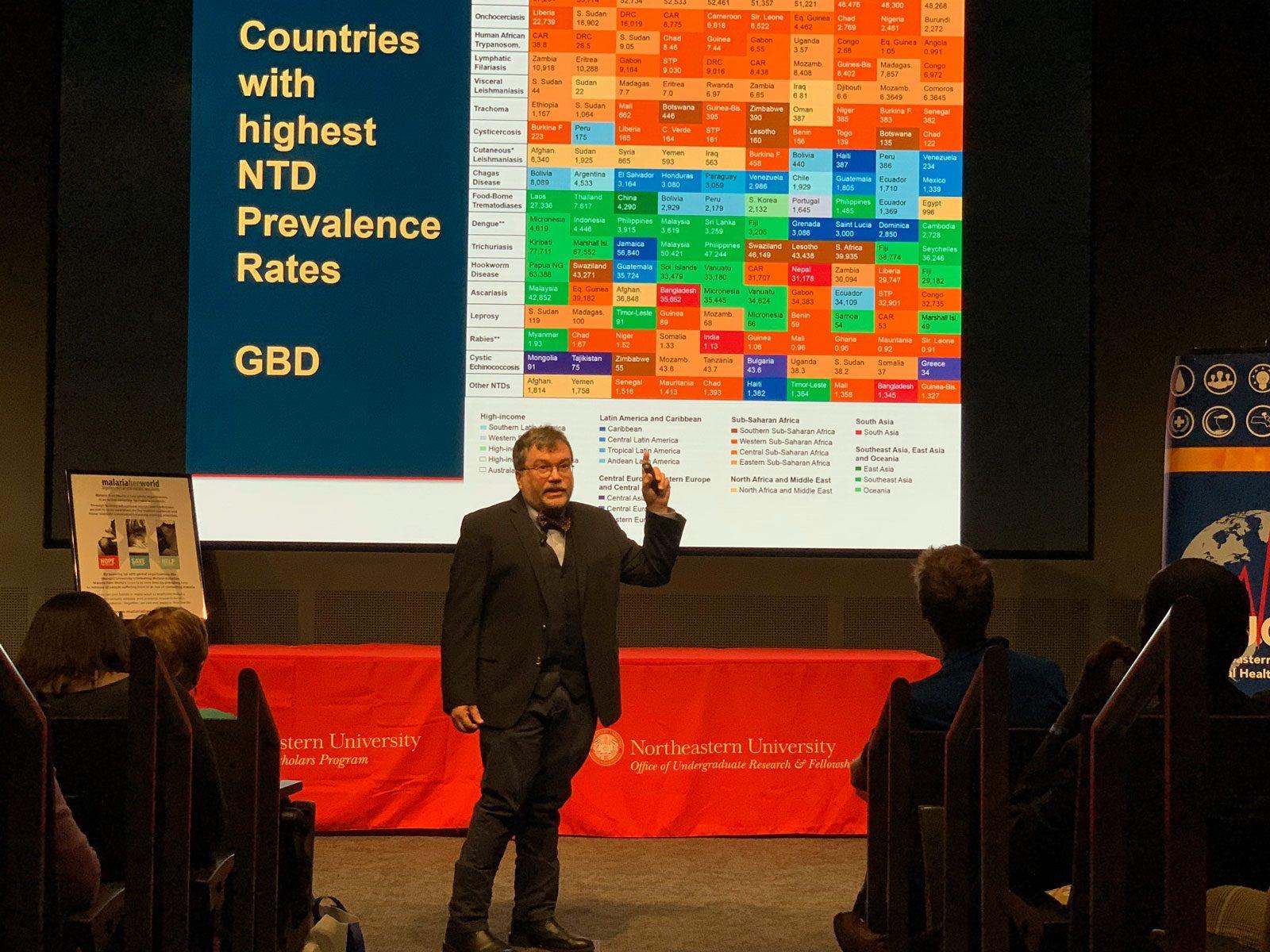 Dr. Peter Hotez delivers the first keynote of the Northeastern University Global Health Initiative Conference Friday. COURTESY OF KRITIKA SINGH