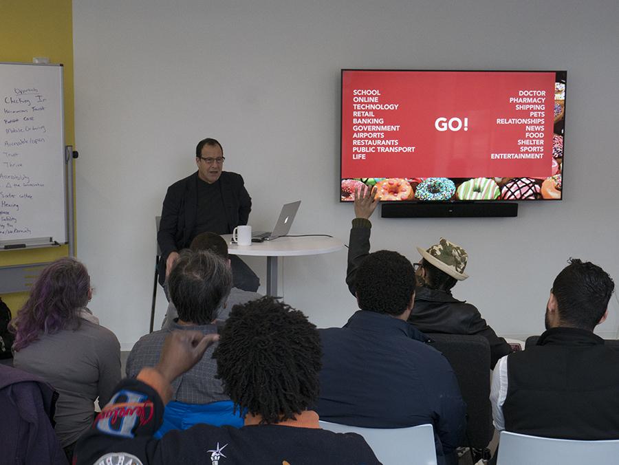 Tom Stat speaks at “Donuts &amp; Design Thinking” at the BUild Lab on Feb. 22. PHOTO BY FELIX PHILLIPS/ DAILY FREE PRESS STAFF
