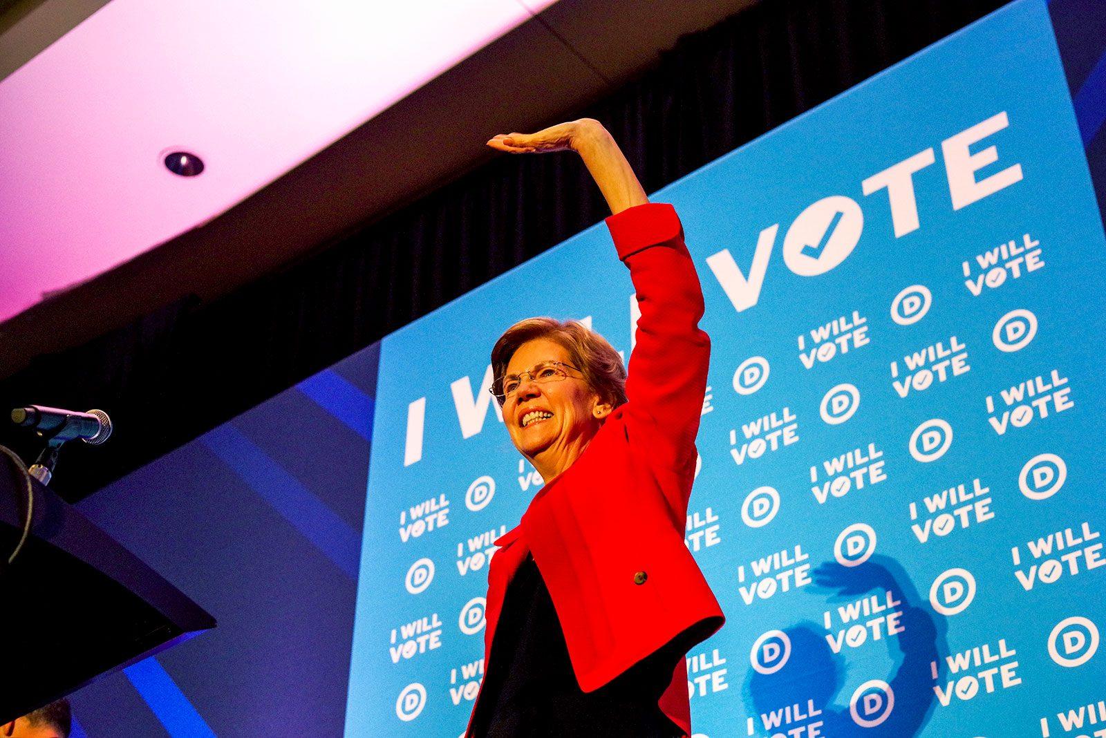 Presidential candidate and Massachusetts senator Elizabeth Warren speaks at the Democratic National Committee's IWillVote Gala hosted at the Boston Westin Waterfront Thursday. ANGELA YANG/ DAILY FREE PRESS STAFF