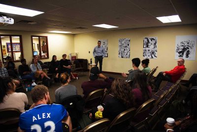 Students meet Friday in the Howard Thurman Center for Common Ground at a "Coffee and Conversation" about mental health on college campuses. PHOTO BY LAUREN PETERSON/ DAILY FREE PRESS STAFF