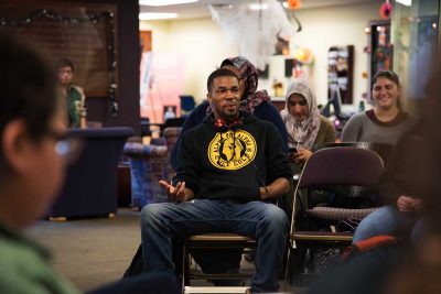 Students discuss mental health on college campuses in the Howard Thurman Center for Common Ground Friday. PHOTO BY LAUREN PETERSON/DAILY FREE PRESS STAFF