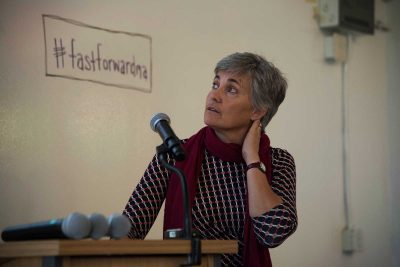 Robin Chase, co-founder of Zipcar, speaks at the Fast Forward event at District Hall Friday about shared rides and the future of transportation. PHOTO BY LAUREN PETERSON/DAILY FREE PRESS STAFF
