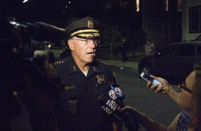 Superintendent Bernie O'Rourke speaks with the press after a person was shot near a nightclub on in Allston late Sunday night. PHOTO BY SARAH SILBIGER/ DAILY FREE PRESS STAFF 