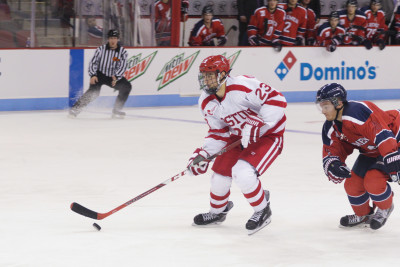 BU freshman Jakob Forsbacka Karlsson attacks the net in the Terriers' win over Acadia. PHOTO BY JUSTIN HAWK/DAILY FREE PRESS STAFF
