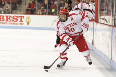 Senior assistant captain Danny O'Regan had three assists in the third period against UConn. PHOTO BY JUSTIN HAWK/DAILY FREE PRESS STAFF