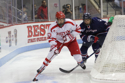 Freshman Jakob Forsbacka Karlsson had a goal and an assist in BU's win over UConn. PHOTO BY JUSTIN HAWK/DAILY FREE PRESS STAFF