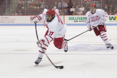 Senior forward Ahti Oksanen scored the overtime goal to give BU a 5-4 win over Denver. PHOTO BY JUSTIN HAWK/DAILY FREE PRESS STAFF
