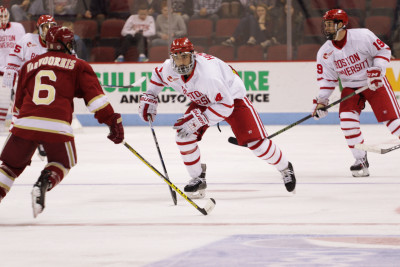 Sophomore defenseman Brandon Hickey had his second goal in as many games against Denver. PHOTO BY JUSTIN HAWK/DAILY FREE PRESS STAFF