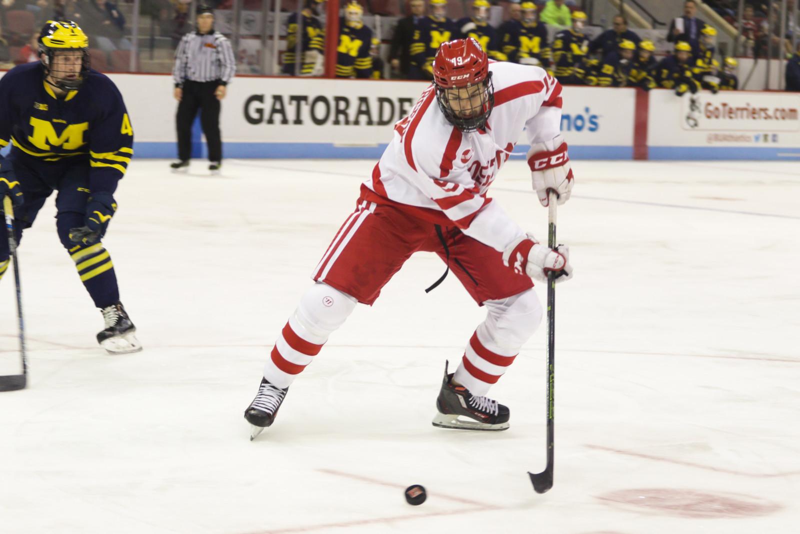 Junior forward Robbie Baillargeon scored a game-tying goal for BU in the third period.  PHOTO BY JUSTIN HAWK/DAILY FREE PRESS STAFF