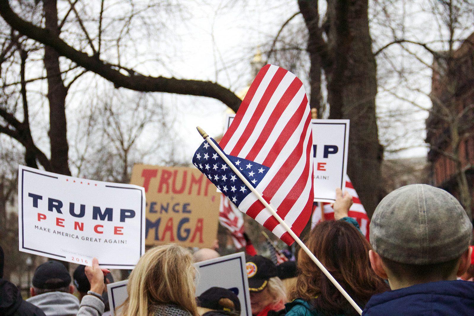 Donald Trump's supporters gather at the Boston Common Saturday afternoon at the end of their mile-long march from the North End. PHOTO BY OLIVIA FALCIGNO/ DAILY FREE PRESS STAFF