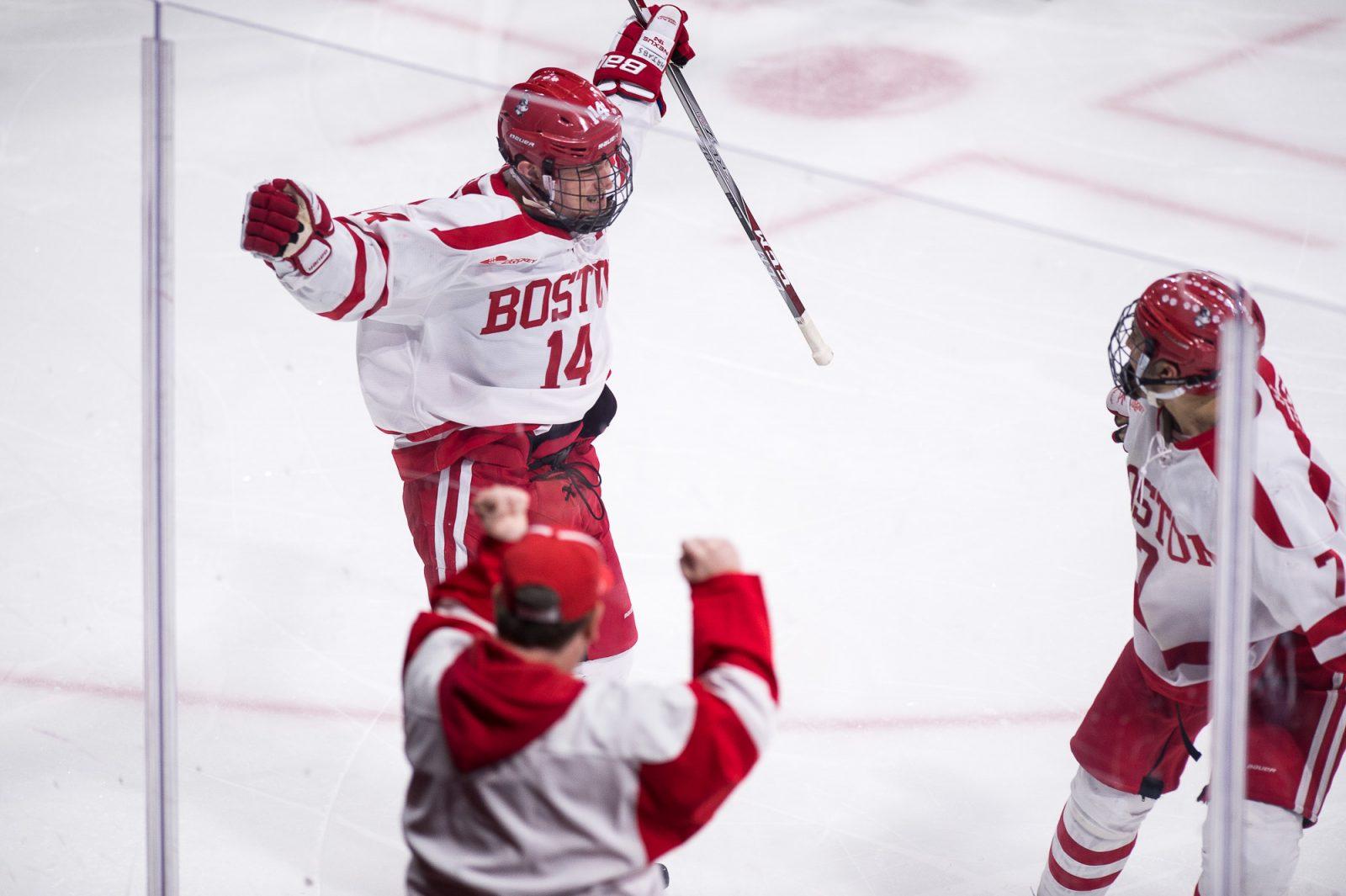 Senior forward and captain Bobo Carpenter celebrates after scoring an overtime goal in a game against the University of Connecticut in March. Carpenter recorded a goal and an assist in Friday’s 4-3 loss against Minnesota State University, Mankato. MADDIE MALHOTRA/ DAILY FREE PRESS STAFF 