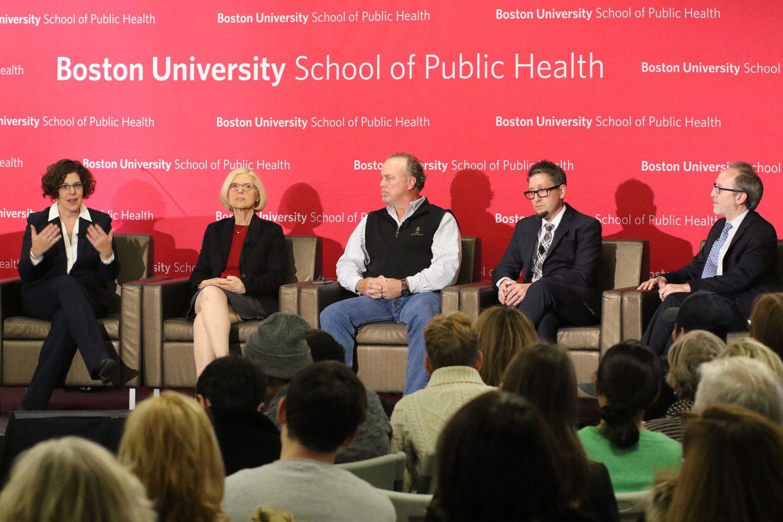 Left to right: Marisa M. Silveri, Deborah Hasin, Keith Cooper, Beau Kilmer and Richard Saitz partake in a panel on the legalization of marijuana hosted by the Boston University School of Public Health Thursday. COURTESY OF MICHAEL S. SAUNDERS/ SCHOOL OF PUBLIC HEALTH
