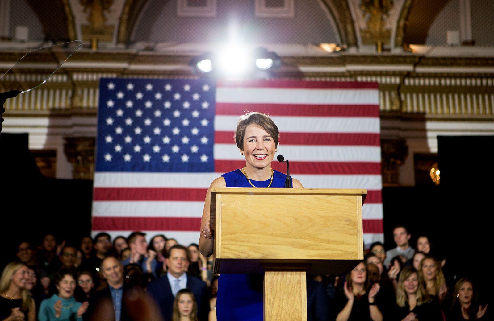 Massachusetts Attorney General Maura Healey speaking at a watch party after the 2018 Midterm Elections. Massachusetts is one of 17 states suing the Trump administration over its decision to ease restrictions on coal-burning power plants. OLIVIA FALCIGNO/ DFP FILE