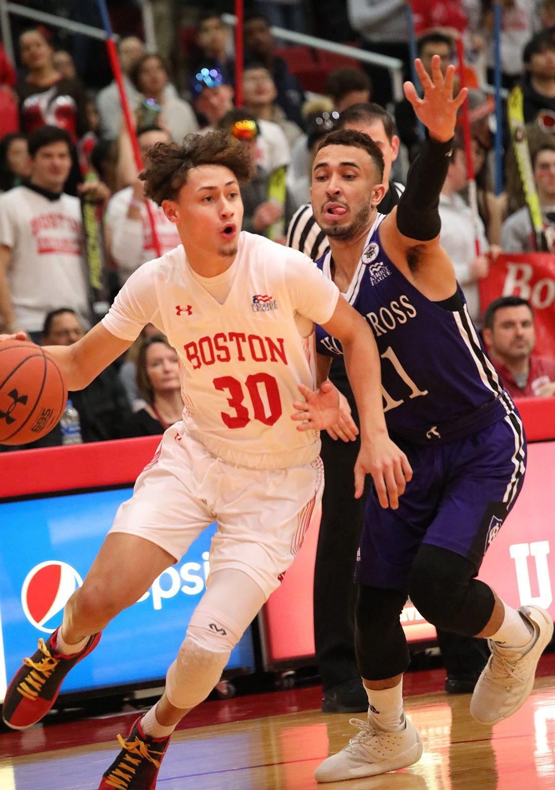 Junior guard Javante McCoy, shown in a January 2019 game against the College of the Holy Cross, scored a team-high 17 points, leading the Terriers to an upset win over the University of South Carolina. MADISON EPPERSON/ DFP FILE PHOTO