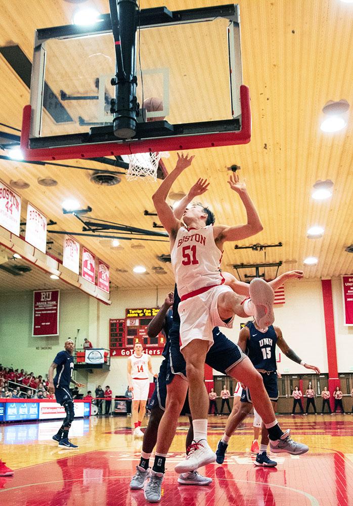 Senior forward Max Mahoney, shown in a Nov. 16 game against the University of New Hampshire, has been Boston University's leading scorer this season. RACHEL SHARPLES/ DFP FILE
