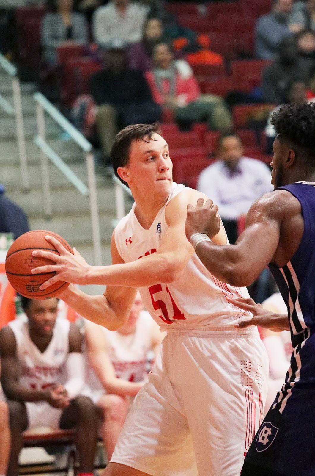 Senior forward Max Mahoney, shown in a Jan. 30 game against the College of the Holy Cross, recorded seven points in Boston University's loss to the University of Vermont Wednesday. MADISON EPPERSON/ DFP FILE